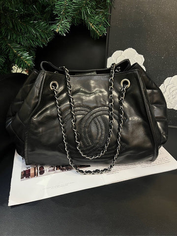 Chanel Black Silver Double C Pumpkin Tote Bag 33.5cm