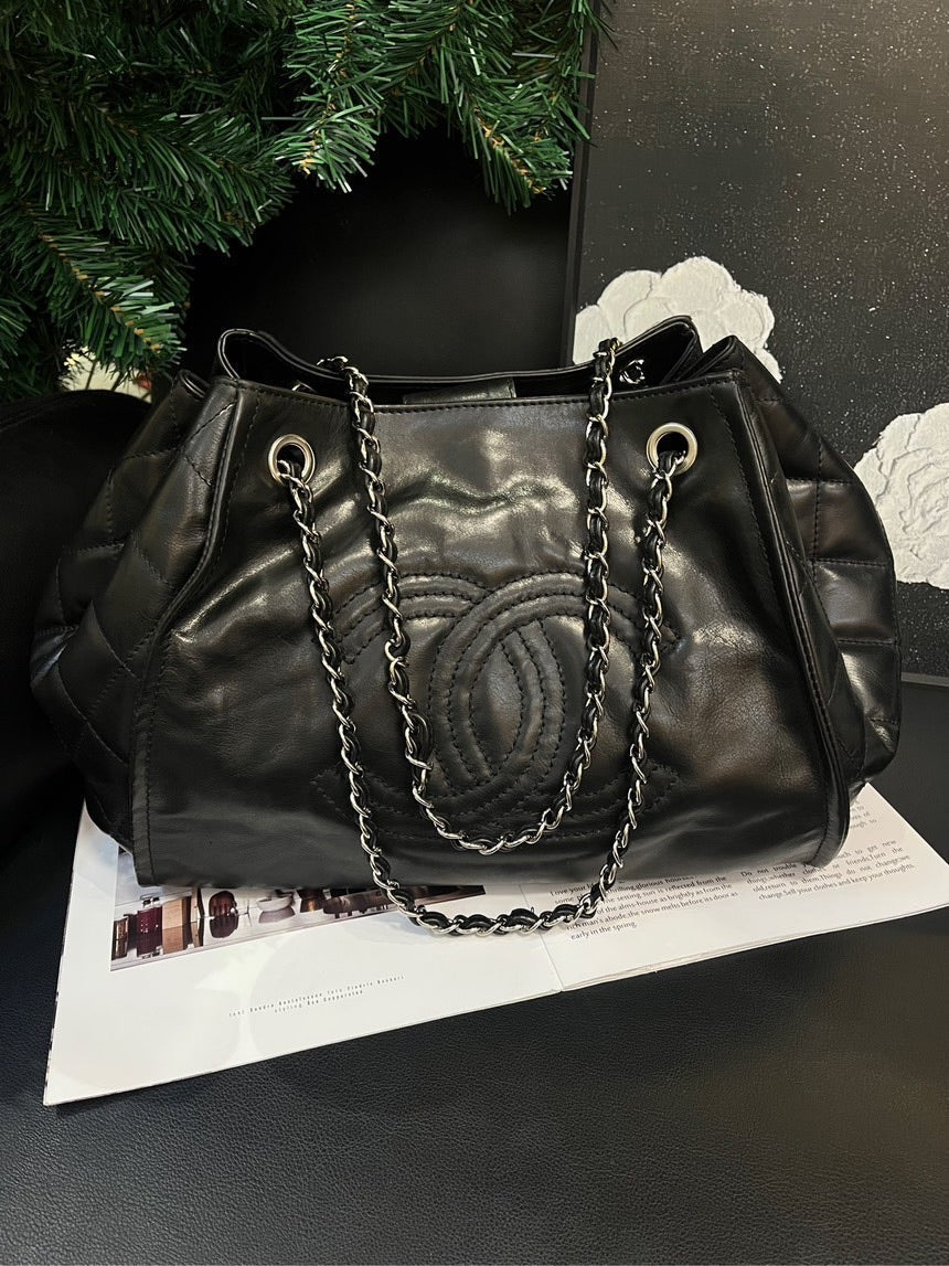 Chanel Black Silver Double C Pumpkin Tote Bag 33.5cm
