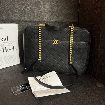 Chanel Black Gold Quilted Leather Shoulder Bag Medium