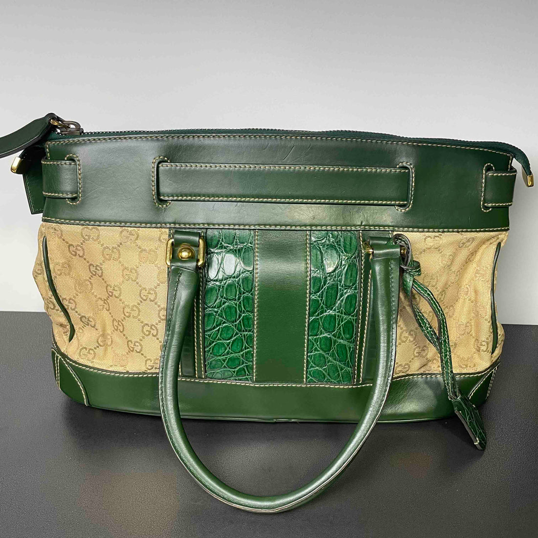 Gucci Heritage Green Canvas and Leather Tote Bag