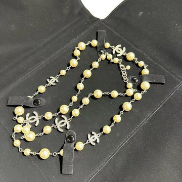 Chanel Gold Pearl Silver Tone CC Logo Long Necklace