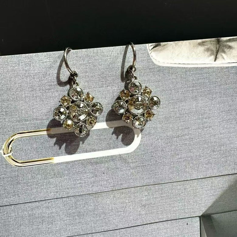 Chanel Crystal Floral Drop Earrings Silver