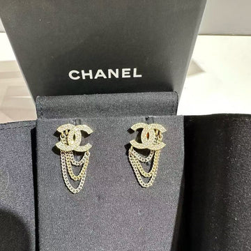 Chanel Gold Crystal Chain Logo Drop Earrings