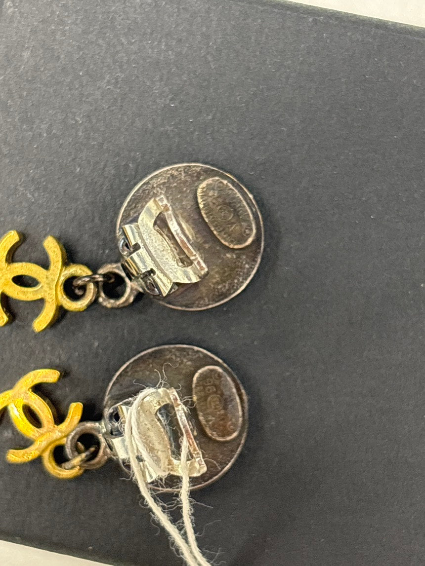 Chanel Coco Paris France Medallion Gold Silver Drop Earrings