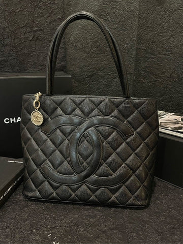 Chanel Vintage Black Leather Classical Hilton Tote Bag Silver Lava Badge