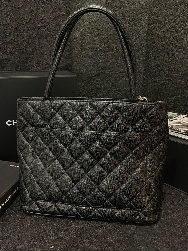 Chanel Vintage Black Leather Classical Hilton Tote Bag Silver Lava Badge