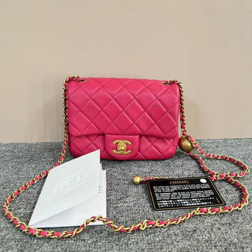 Chanel Mini Square Pink Quilted Leather Flap Bag Gold Chain Strap