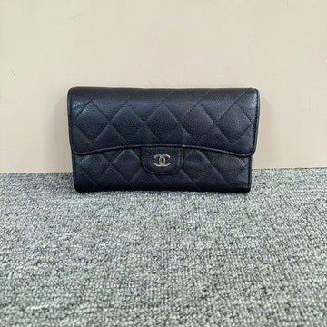 Chanel Black Caviar Leather Quilted Wallet Large