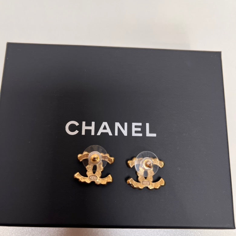 Chanel Gold Crystal Logo Stud Earrings