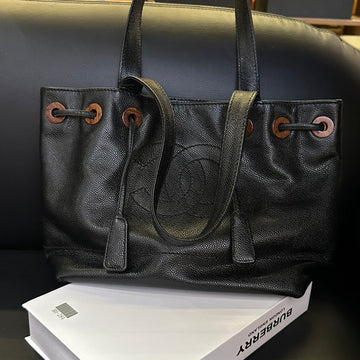 Chanel Black Caviar Drawstring Pear Flower Wood Tote Bag