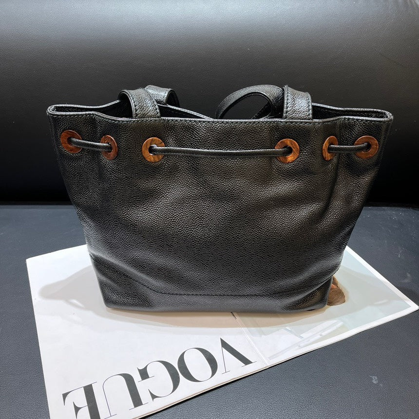Chanel Black Caviar Drawstring Pear Flower Wood Tote Bag