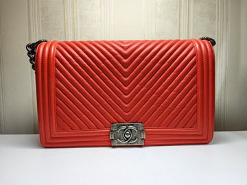 Chanel Red Lambskin Chevron Quilted Leboy Bag Medium