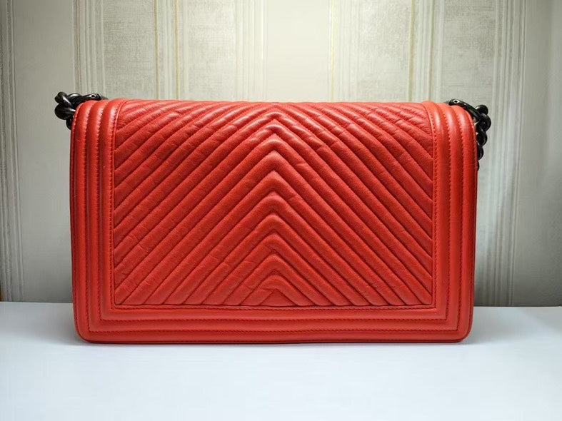 Chanel Red Lambskin Chevron Quilted Leboy Bag Medium