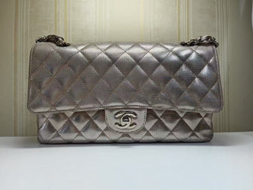 Chanel Silver Metallic Quilted Flap Bag Medium