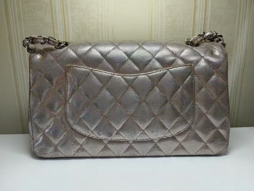 Chanel Silver Metallic Quilted Flap Bag Medium