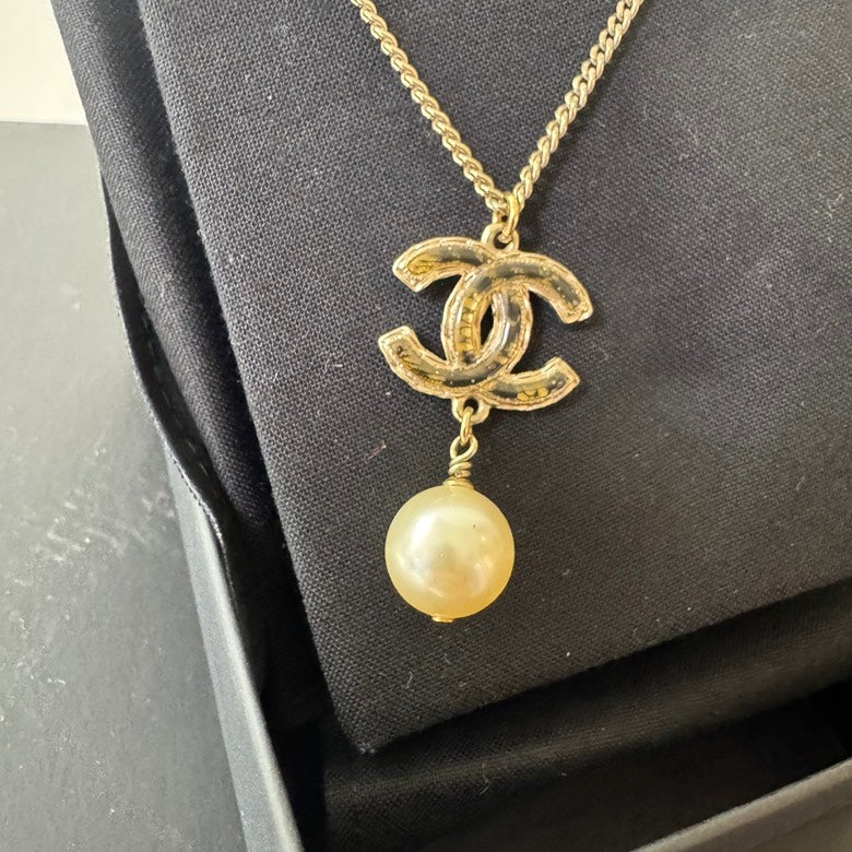 Chanel Gold CC Pearl Pendant Necklace
