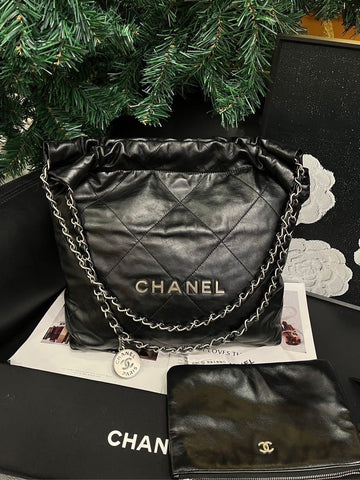 Chanel 22 Black Silver Chip Leather Quilted Shoulder Bag