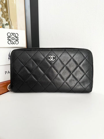 Chanel Black Quilted Leather Zip Around Wallet