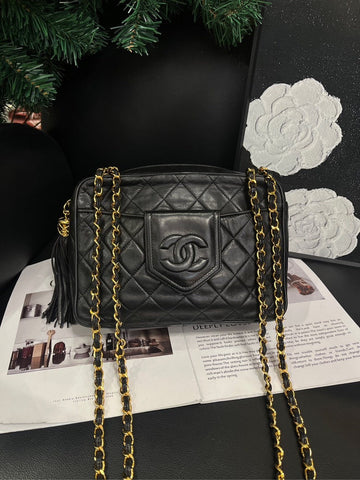 Chanel Black Gold Leather Tassel Chain Camera Crossbody Bag