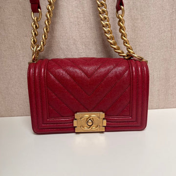 Chanel Leboy Small Red Leather Chevron Quilted Bag