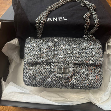 Chanel 2.55 Silver Sequin Chain Flap Bag Medium