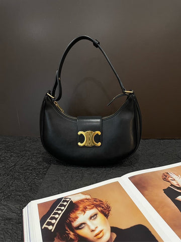 Celine Triomphe Ave Black Leather Hobo Shoulder Bag Medium