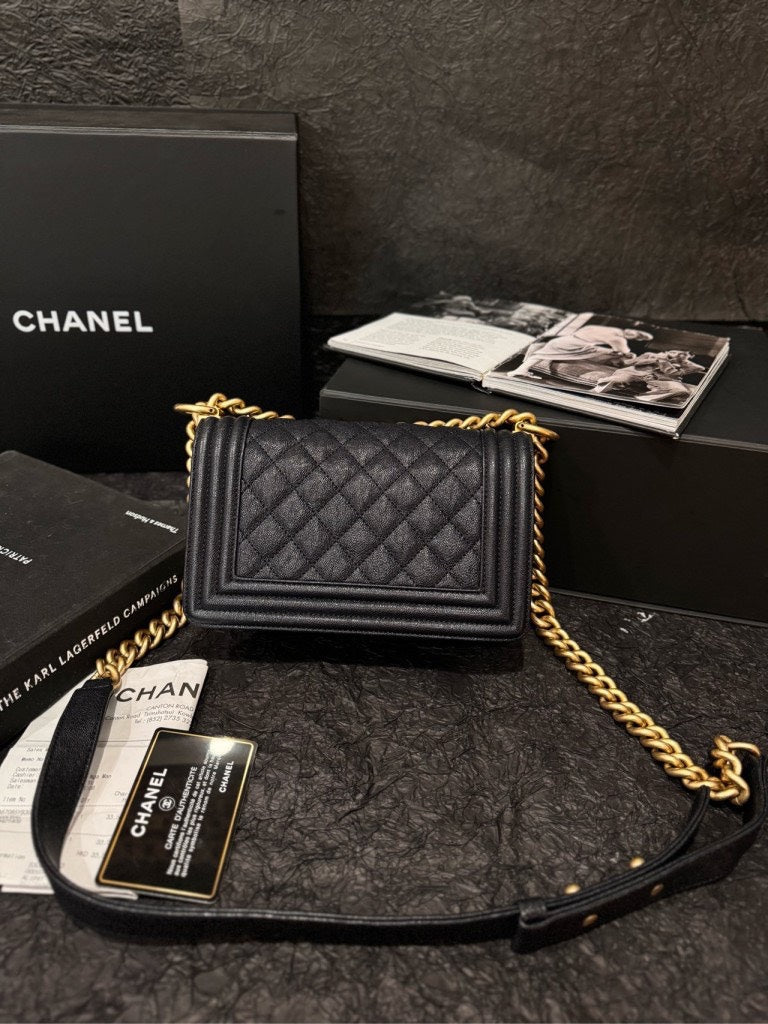 Chanel Small Boy Caviar Black Gold Handle Bag with Card