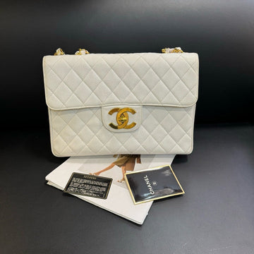 Chanel Vintage CF Maxi White Quilted Leather Shoulder Bag 30x21x8cm