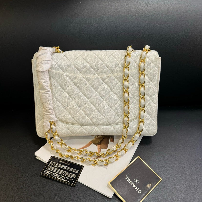 Chanel Vintage CF Maxi White Quilted Leather Shoulder Bag 30x21x8cm
