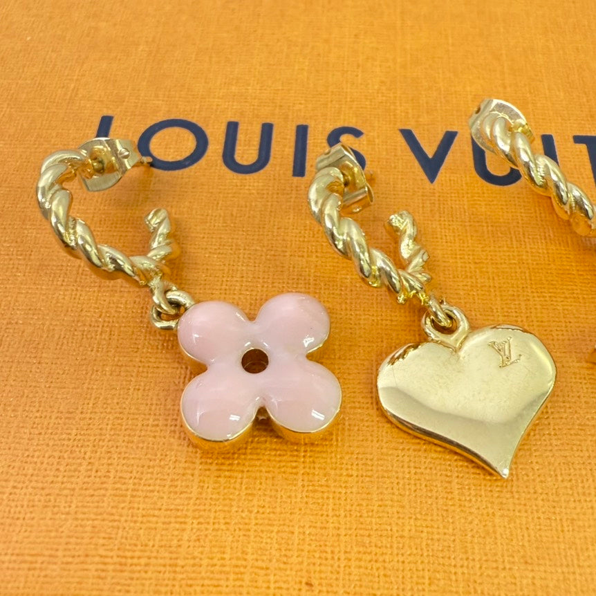 Louis Vuitton Gold Pink Twisted Hoop Charm Earrings Set