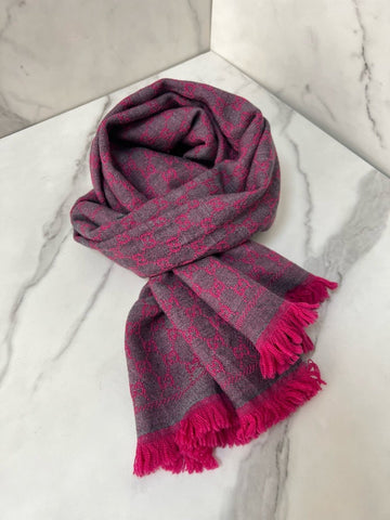 Gucci GG Pattern Gray Pink Wool Scarf 180x48cm