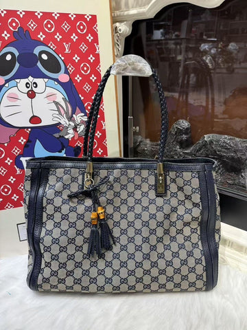 Gucci Bamboo Shopper Tote Blue Canvas