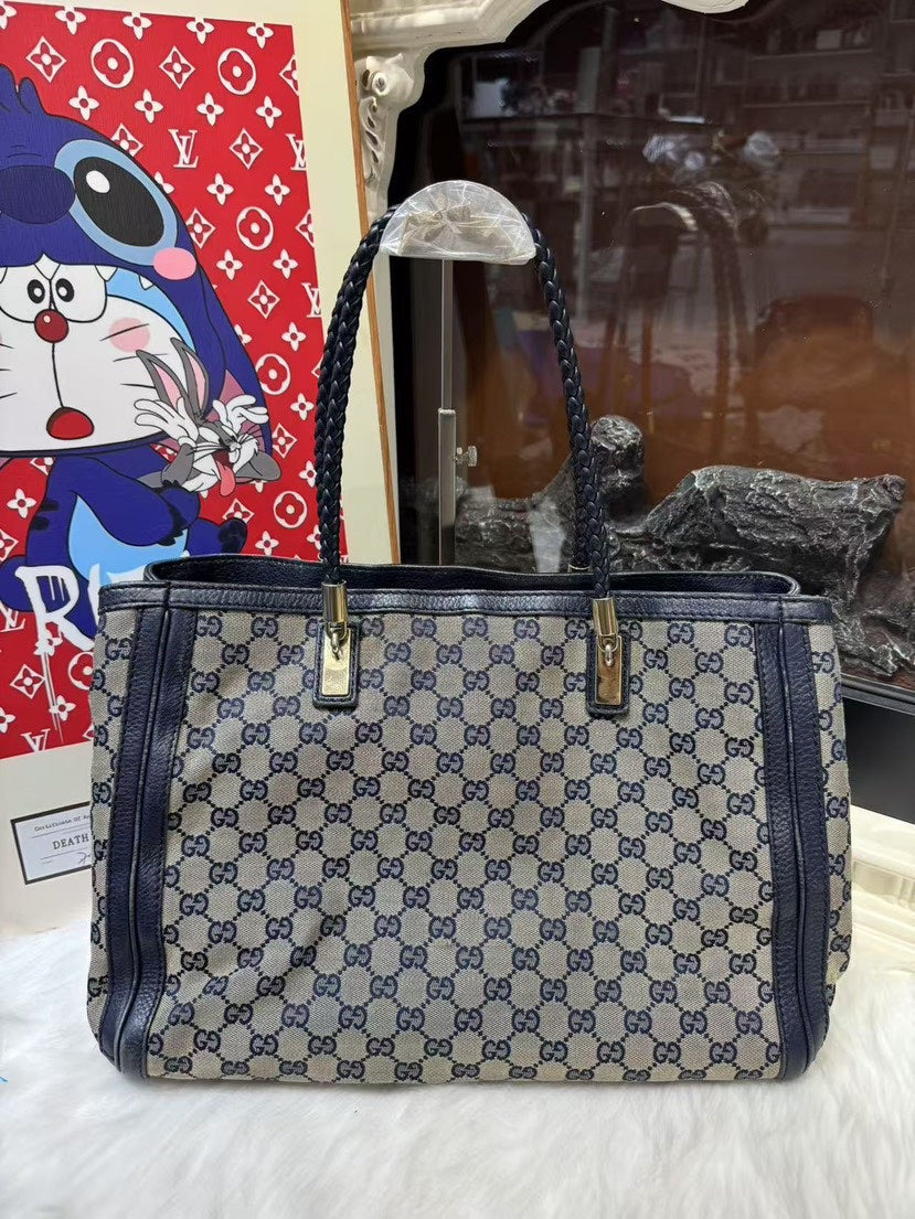 Gucci Bamboo Shopper Tote Blue Canvas