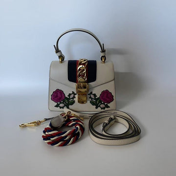 Gucci Sylvie Floral Embroidered White Leather Top Handle Bag