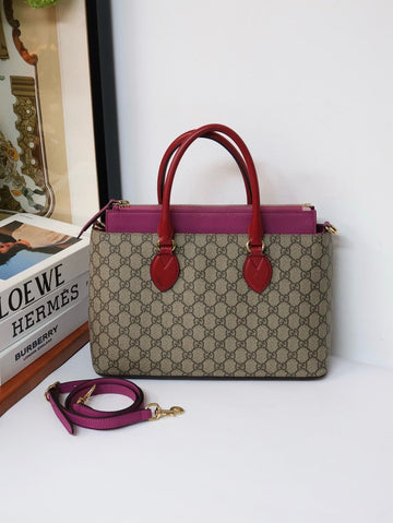 Gucci Monogram Top Handle Bag with Strap Beige Red