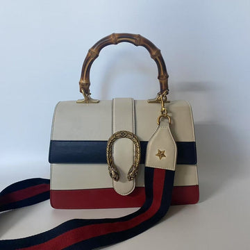 GUCCI Sylvie Red, Blue, and Beige Leather Top Handle Bag