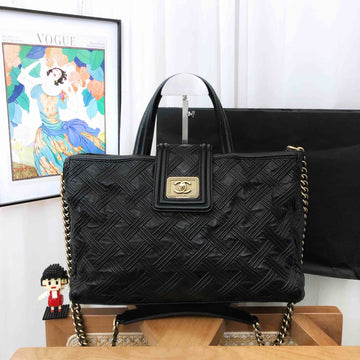 chanel medallion black leather tote bag