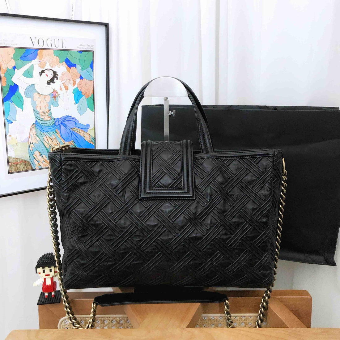 chanel medallion black leather tote bag