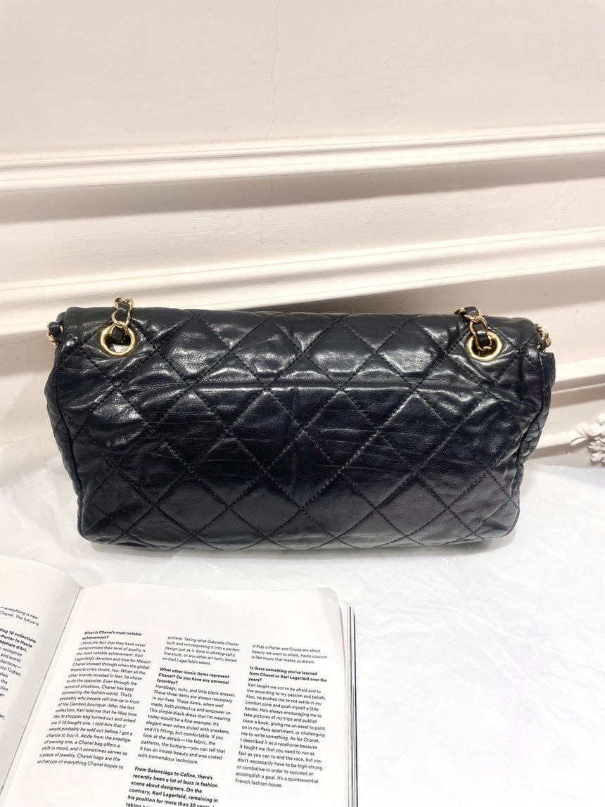 Chanel Vintage Black Gold Oil Wax Rolled Edge CF Shoulder Bag with Card