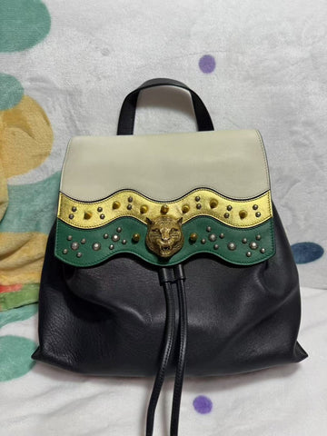 Preloved Gucci Lion Head Leather Cream and Black Backpack