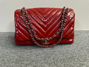 Preloved Chanel Chevron Red Patent Leather Shoulder Bag