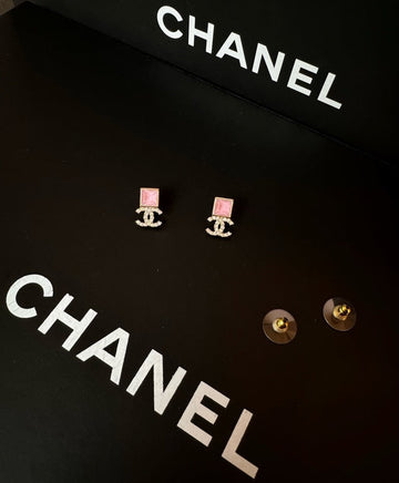 Chanel Baby Pink Square & Full Diamonds CC Earrings 21k
