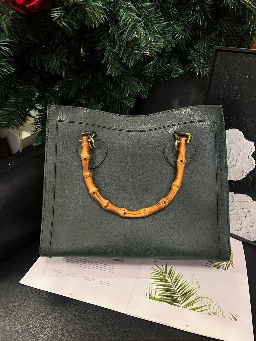 Gucci Dark Green Bamboo Handle Tote Handbag B1402