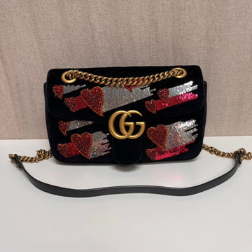 Gucci Marmont 26 Black Shoulder Bag with Heart Pattern