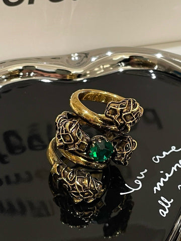 Gucci Panthers Ring Gold Green Stone Used Jewelry Size 7