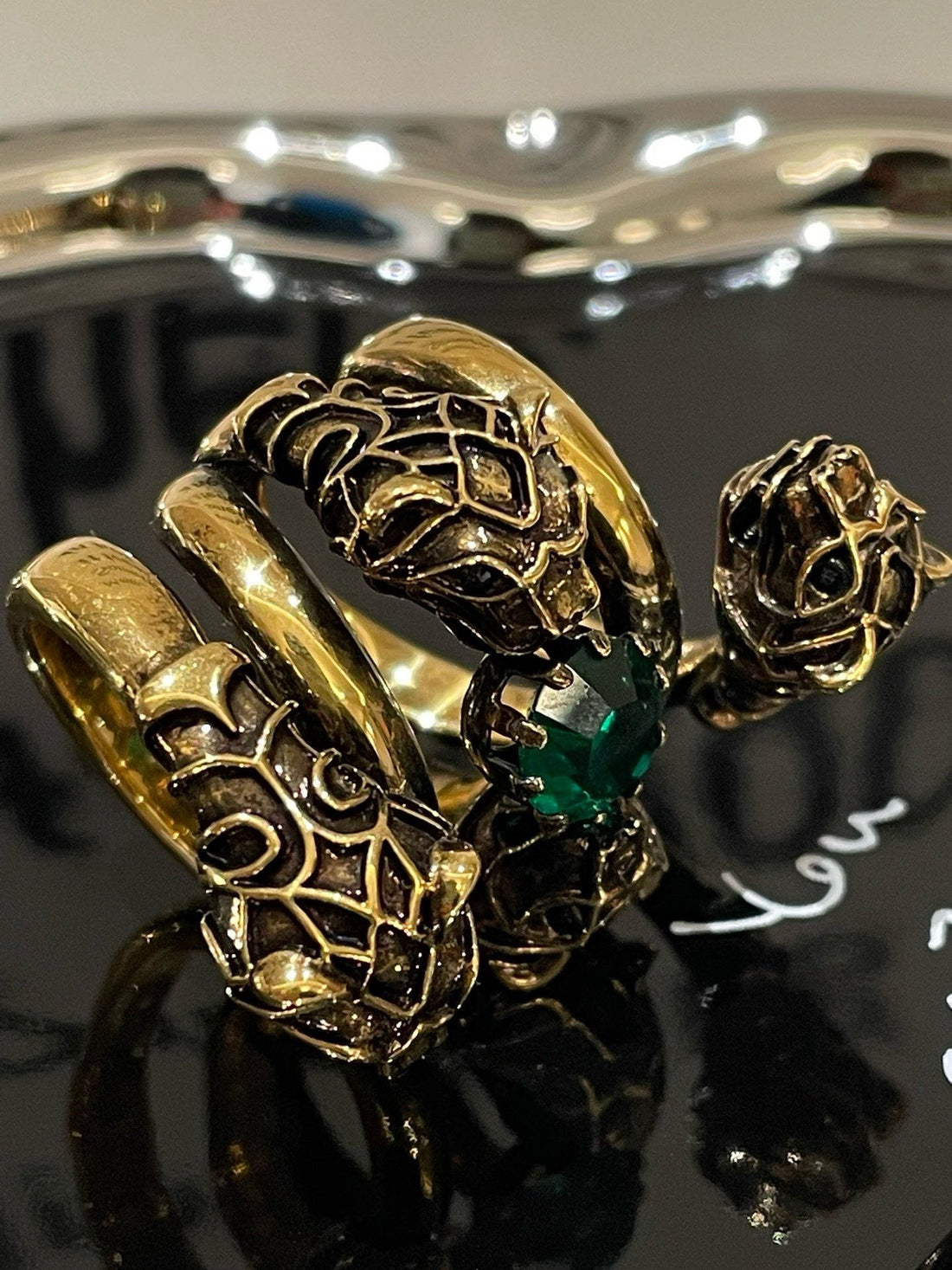 Gucci Panthers Ring Gold Green Stone Used Jewelry Size 7