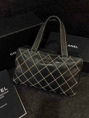 SALE????Chanel Vintage Stitches Boston Bowling Bag Black Leather