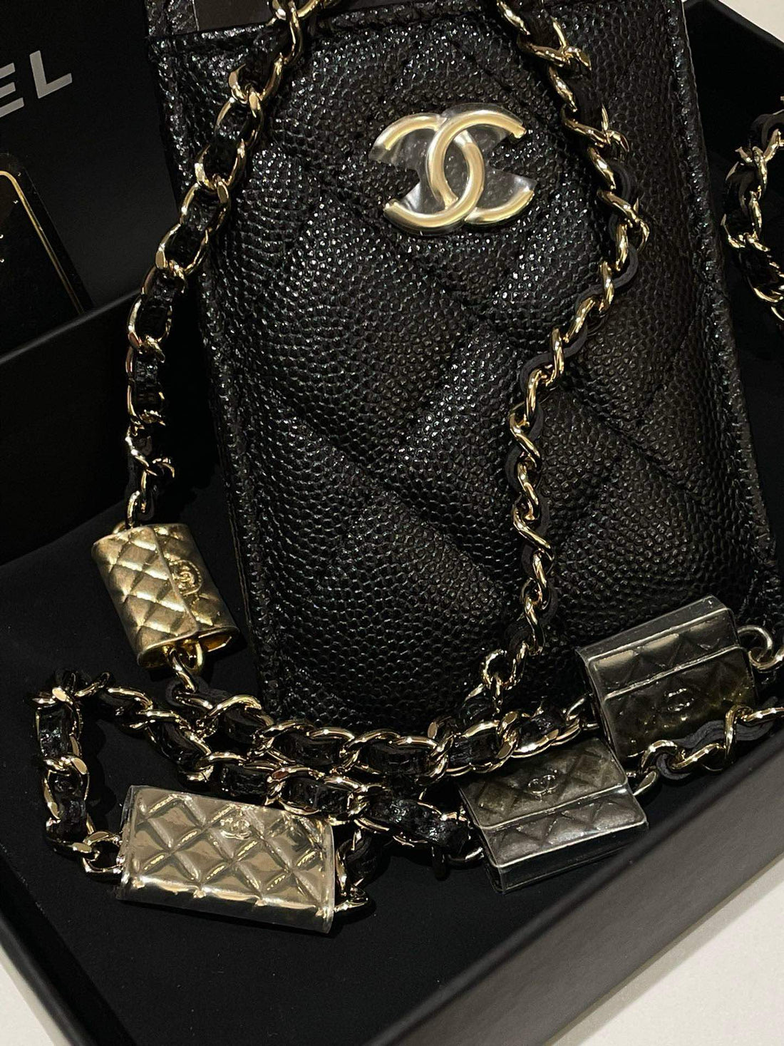 Chanel Card Holder On Chain, Black Caviar Leather Crossbody Bag