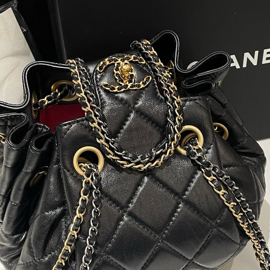 Unused Chanel 22c Bucket Bag Black Leather Designer Handbag