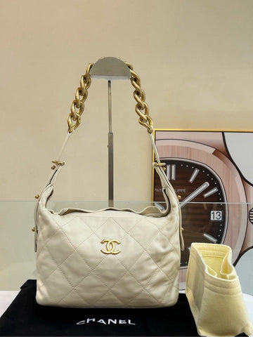 Preloved Chanel Beige Quailted Shoulder Bag - Iconic Style with Classic Chain Straps